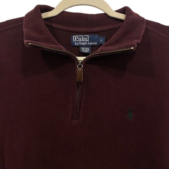 POLO RALPH LAUREN Men's Sweater MAROON RED 1/4 Zip Cotton Pullover Green Logo L - Picture 2 of 5